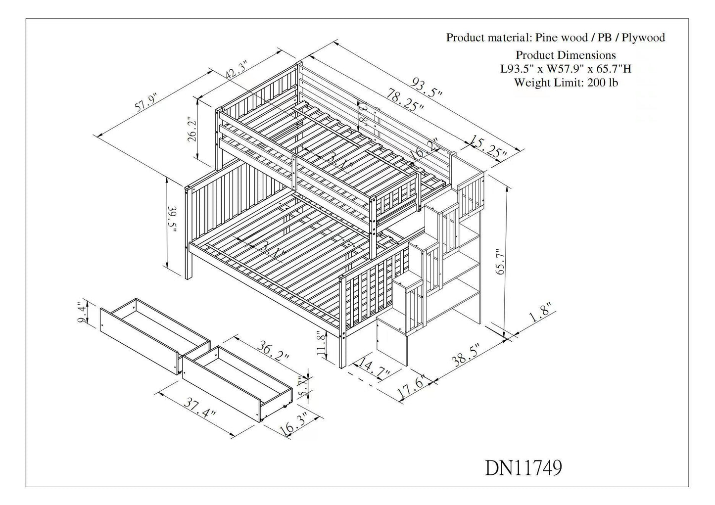 Convertible Twin Over Full Bunk Bed with Staircase and Drawers - White Wood Twin-Size Loft Bed