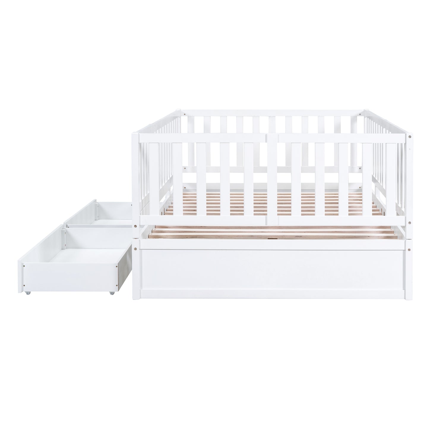 Full Size Wood Daybed with Fence Guardrails and 2 Drawers, Split into Independent Floor Bed & Daybed, White