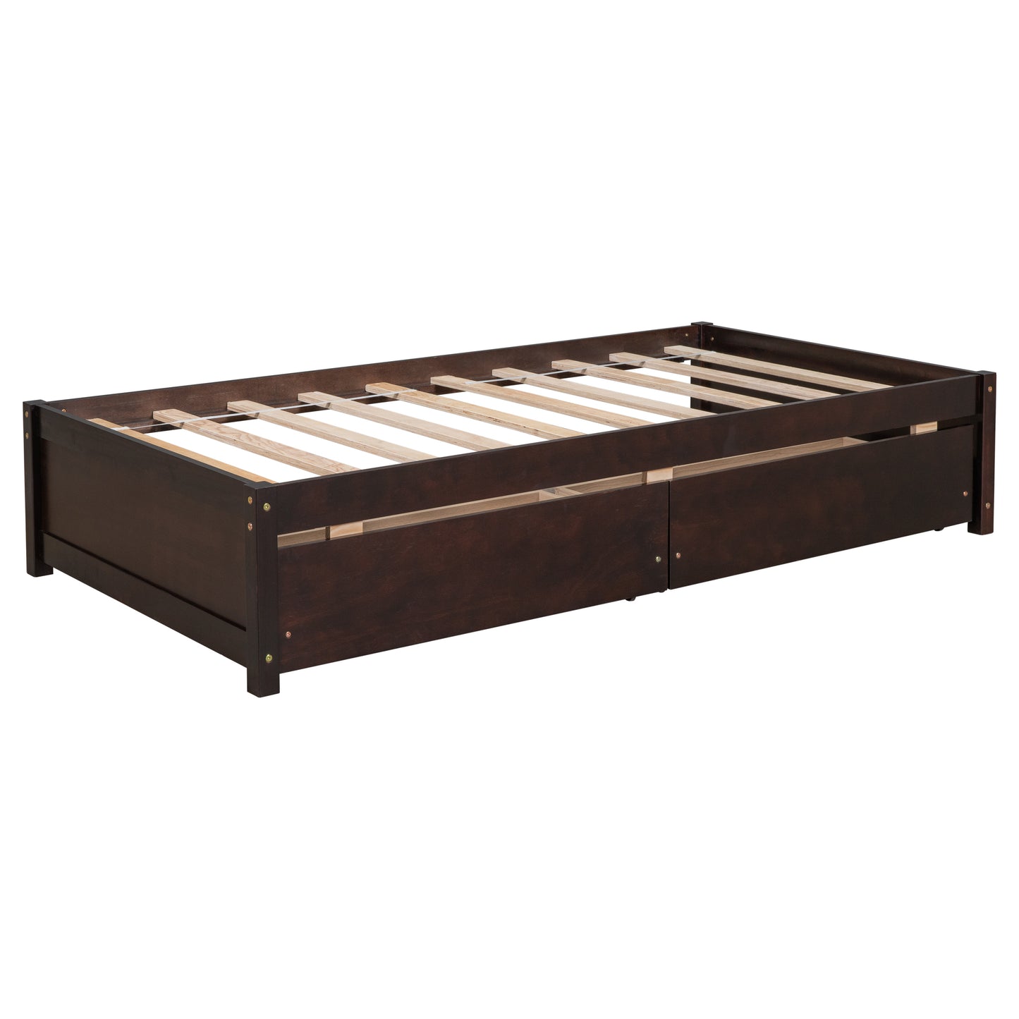 Twin Bed with 2 Drawers, Solid Wood, No Box Spring Needed ,Espresso