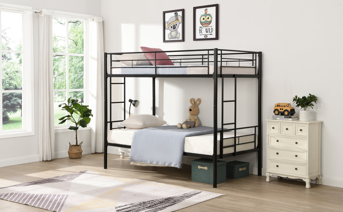 Convertible Twin Over Twin Metal Bunk Bed with 2 Ladders, Guardrail, and Storage Space in Black