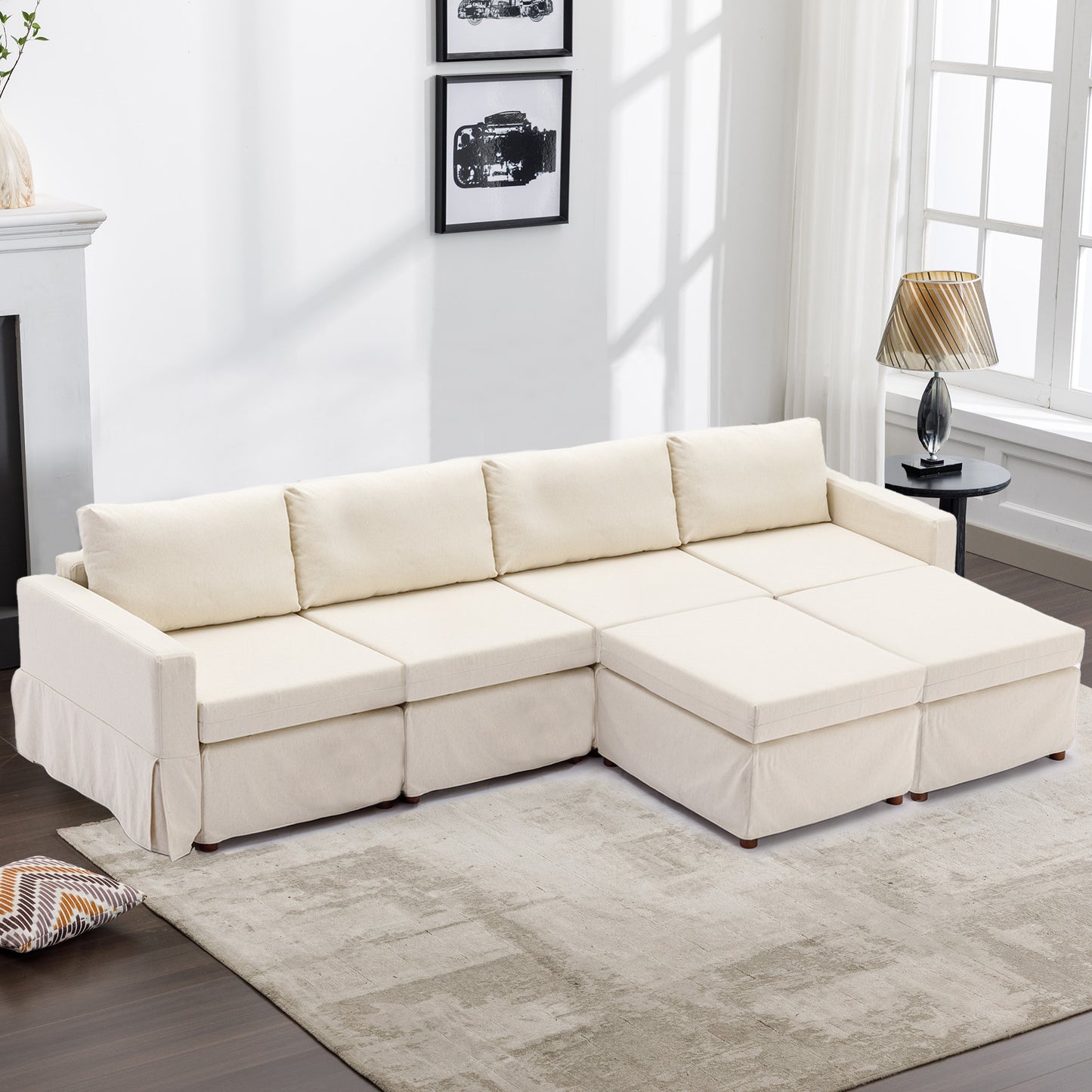 Elegant Cream Modular Sectional Sofa with Ottoman and Washable Cushions