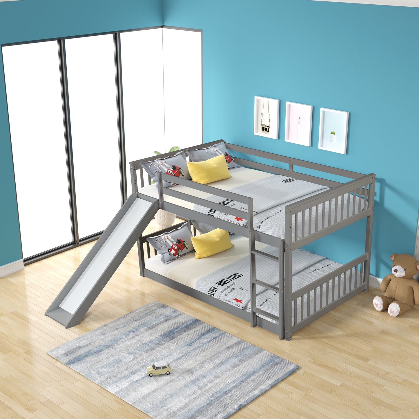 Grey Bunk Bed with Slide, Ladder, and Modern Design