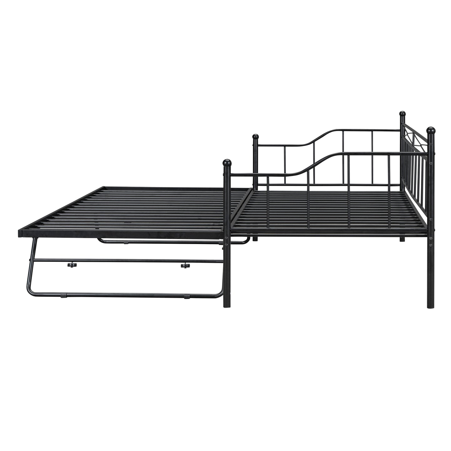 Twin Size Metal Daybed with Twin Size Adjustable Trundle, Portable Folding Trundle, Black