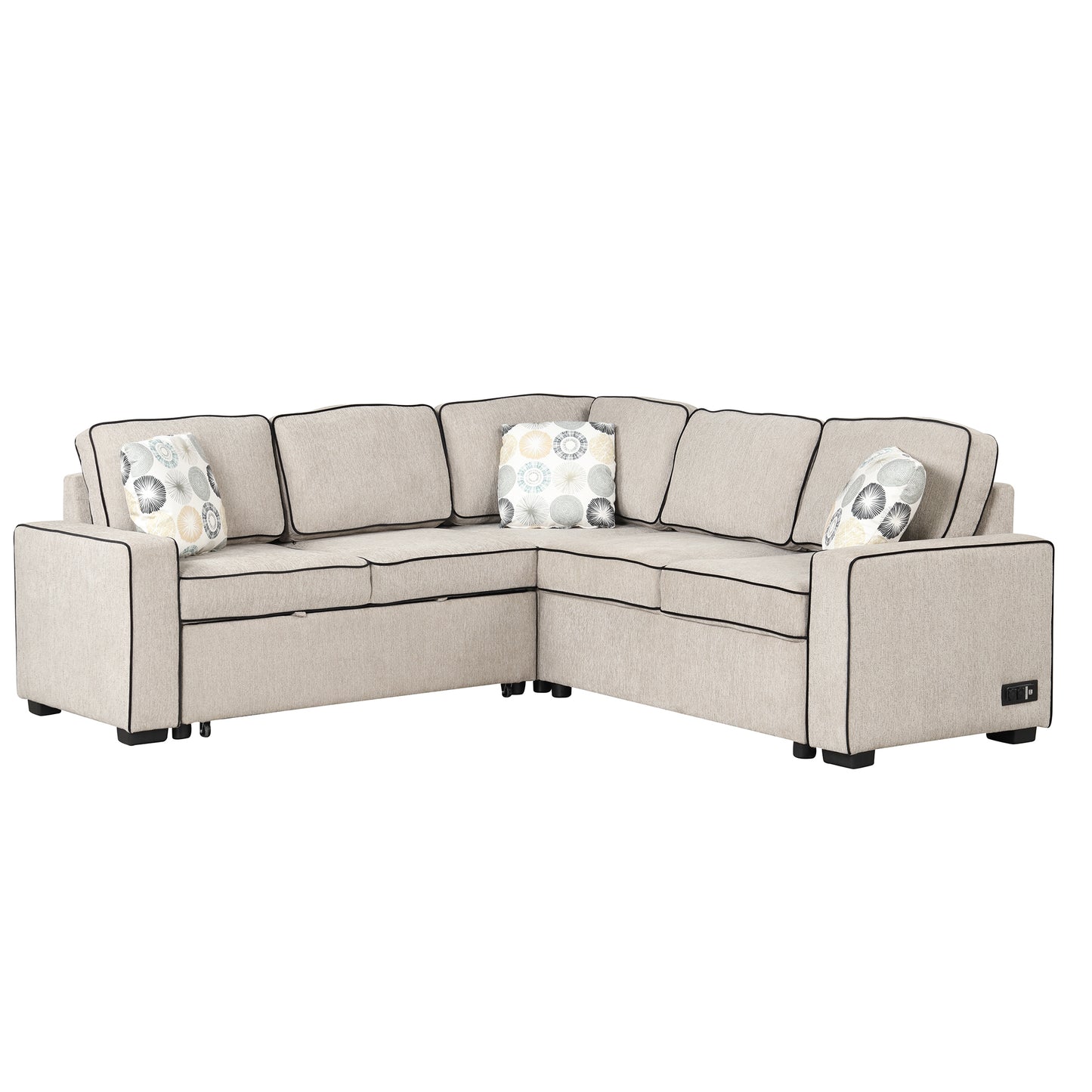 83 Cream Convertible L-Shaped Sleeper Sofa with USB Ports and Power Sockets