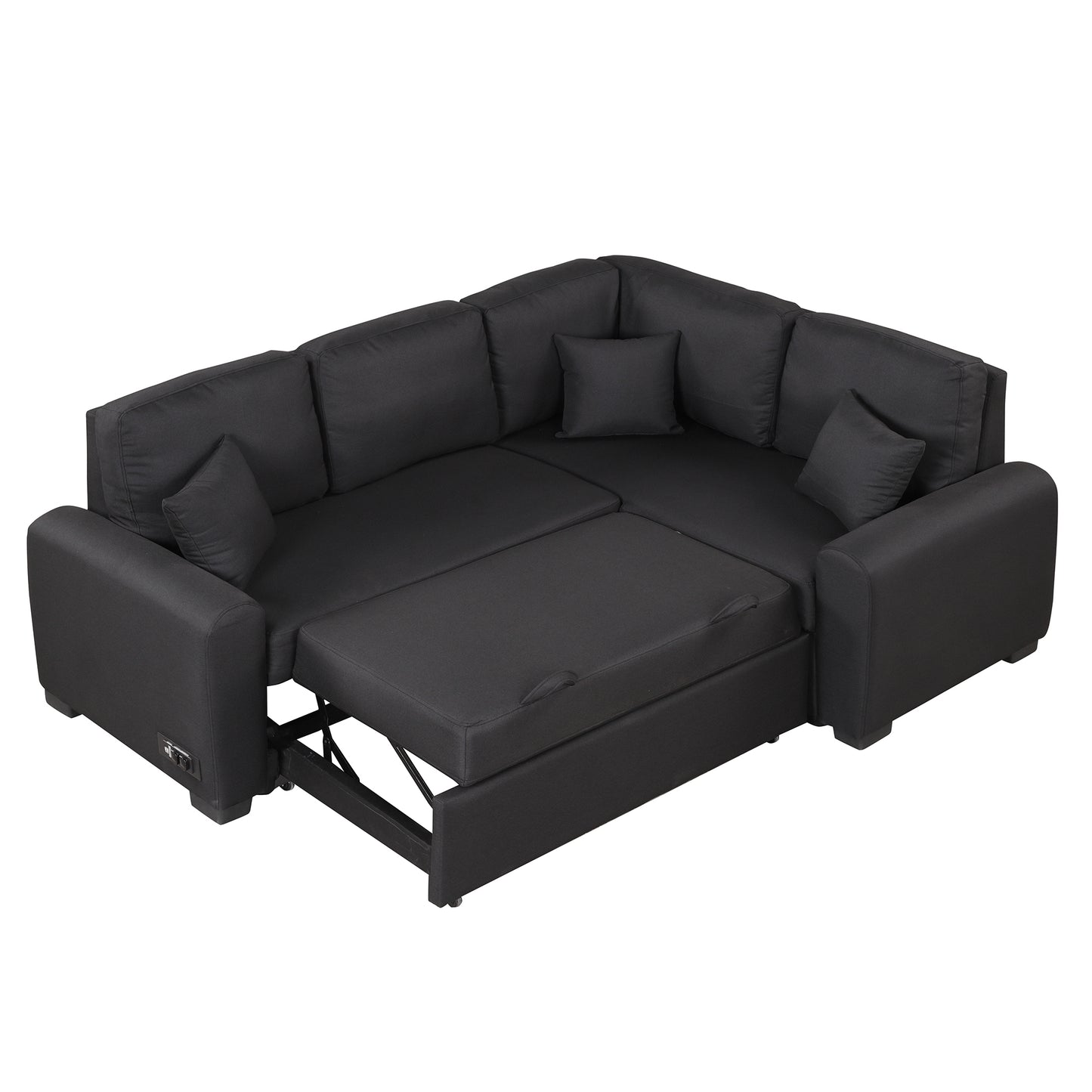 Sleeper Sectional Sofa with USB Charging Port and Plug Outlet, Pull-Out Bed with 3 Pillows, L-Shape Chaise for Small Living Spaces, Black