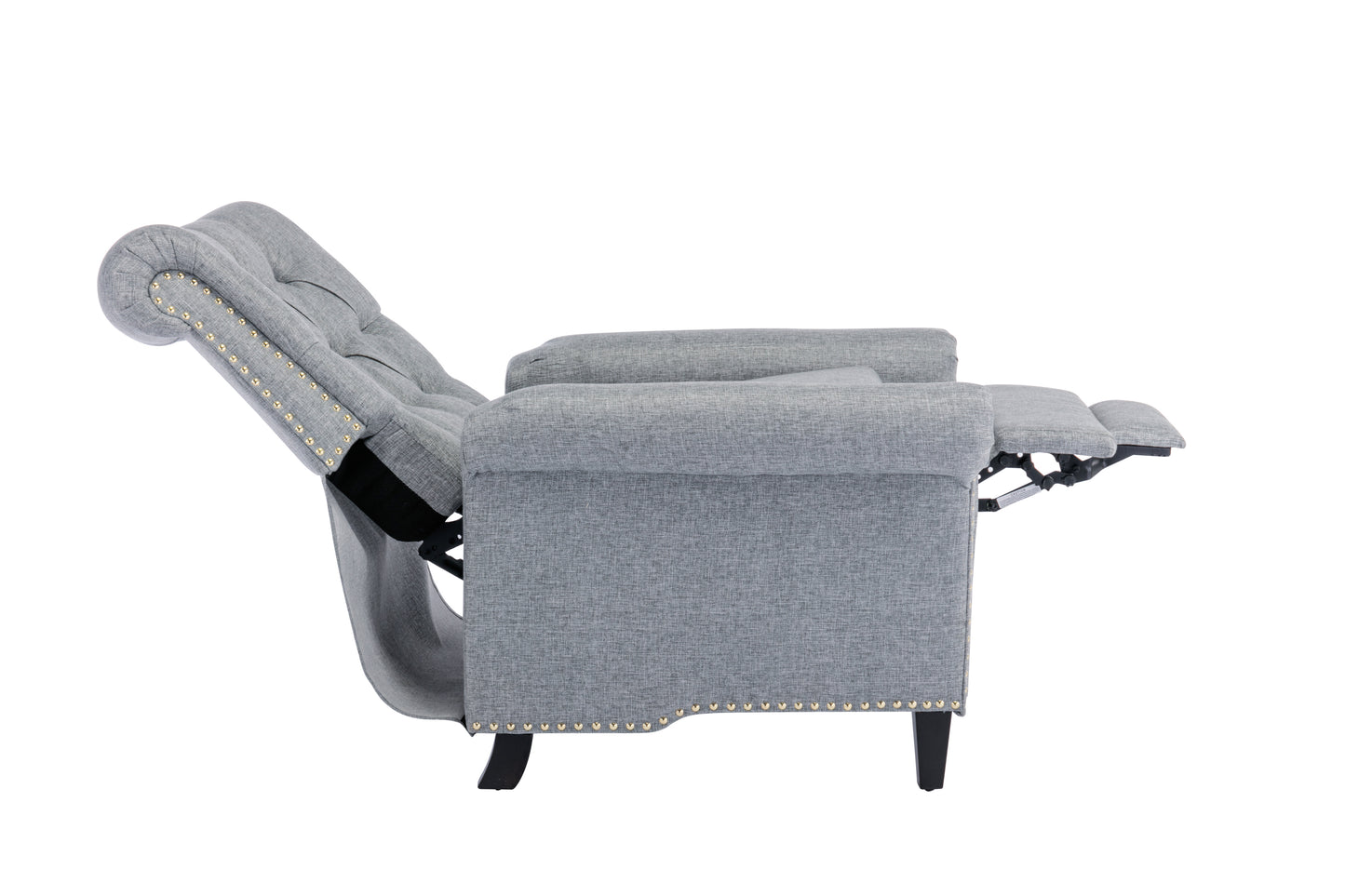 Elegant Gray Linen Recliner Sofa with Tufted Back and Nailheads Roll Arm