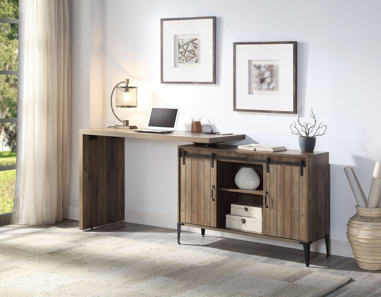 Rustic Oak Writing Desk with USB Port and Sliding Barn Door