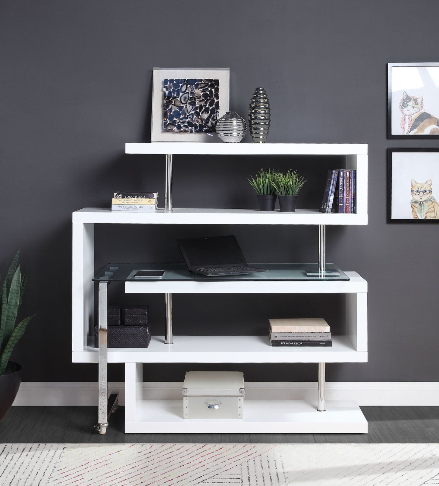 Sleek Clear Glass Writing Desk with Curved Shelf and White & Chrome Finish