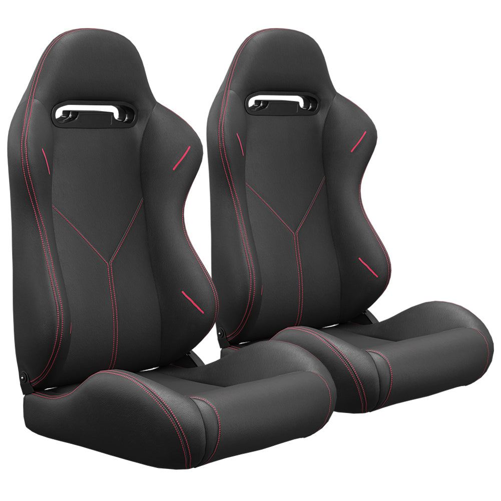 2PC Universal Bucket Racing Seats with Red Stitch and Carbon Look Leather