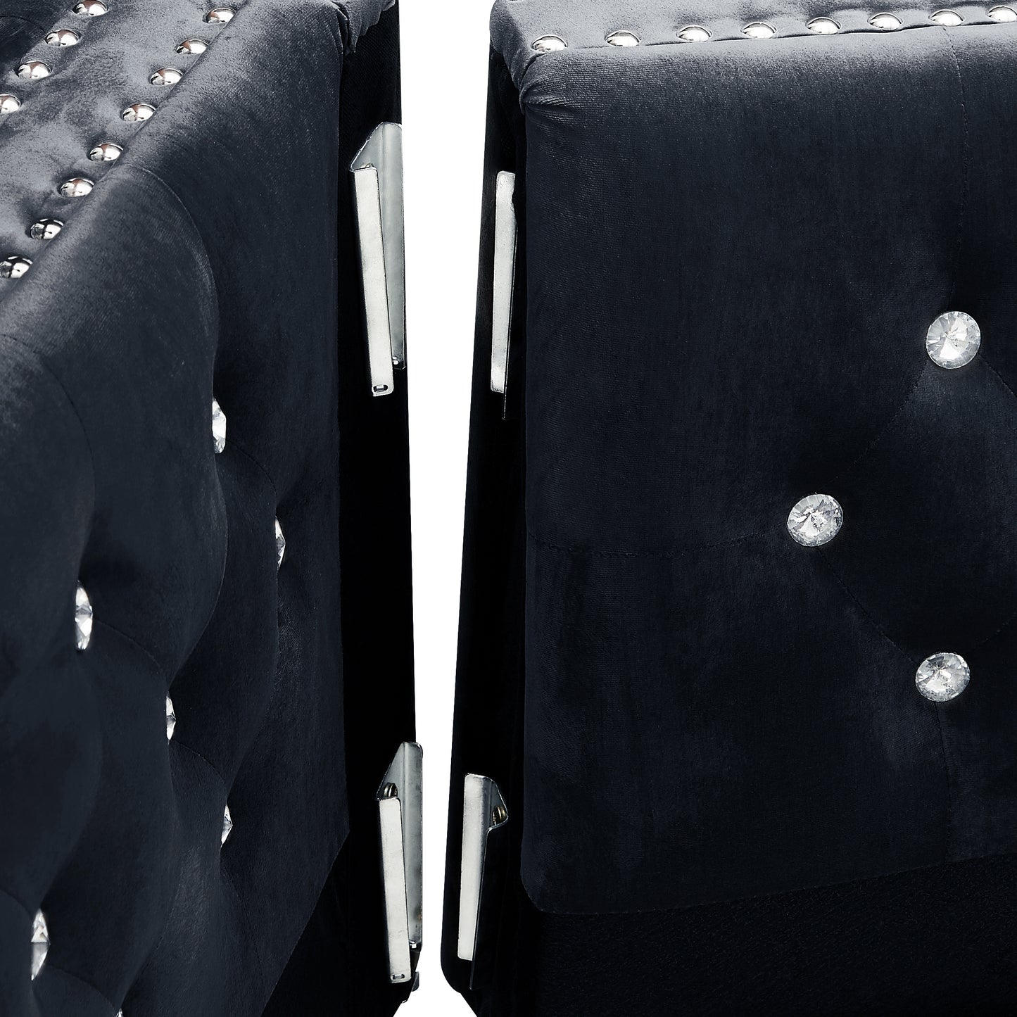 Modern Black Velvet Sofa with Jeweled Buttons and Tufted Square Arms, Including 2 Pillows