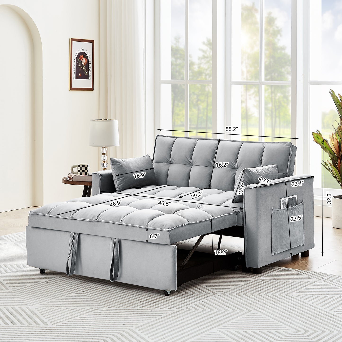 Sleeper Sofa Couch w/Pull Out Bed, 55" Modern Velvet Convertible Sleeper Sofa Bed, Small Love seat Sofa Bed w/Pillows & Side Pockets for Small Space, Living Room, Apartment,Gray