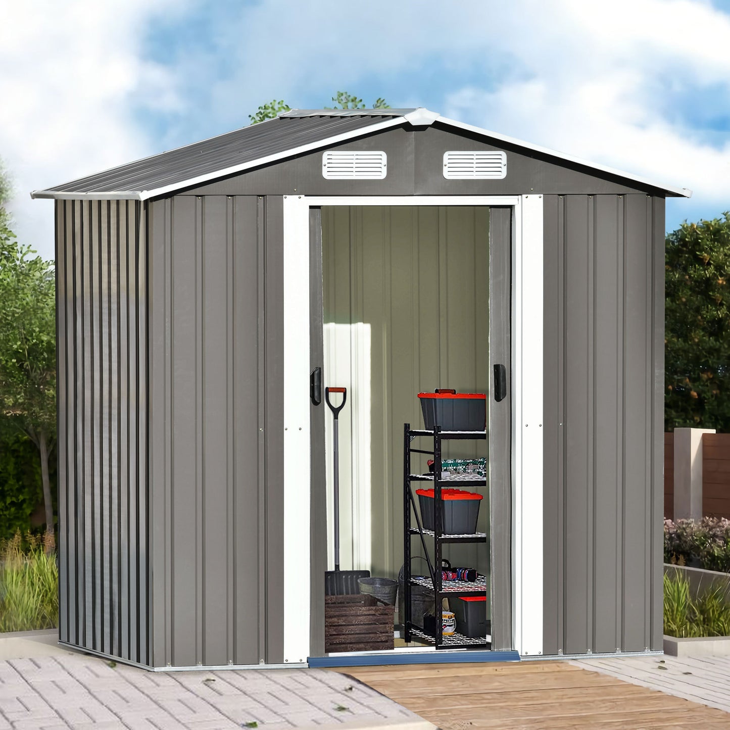 Patio 6ft x4ft Bike Shed Garden Shed, Metal Storage Shed with Lockable Door, Tool Cabinet with Vents and Foundation for Backyard, Lawn, Garden, Gray