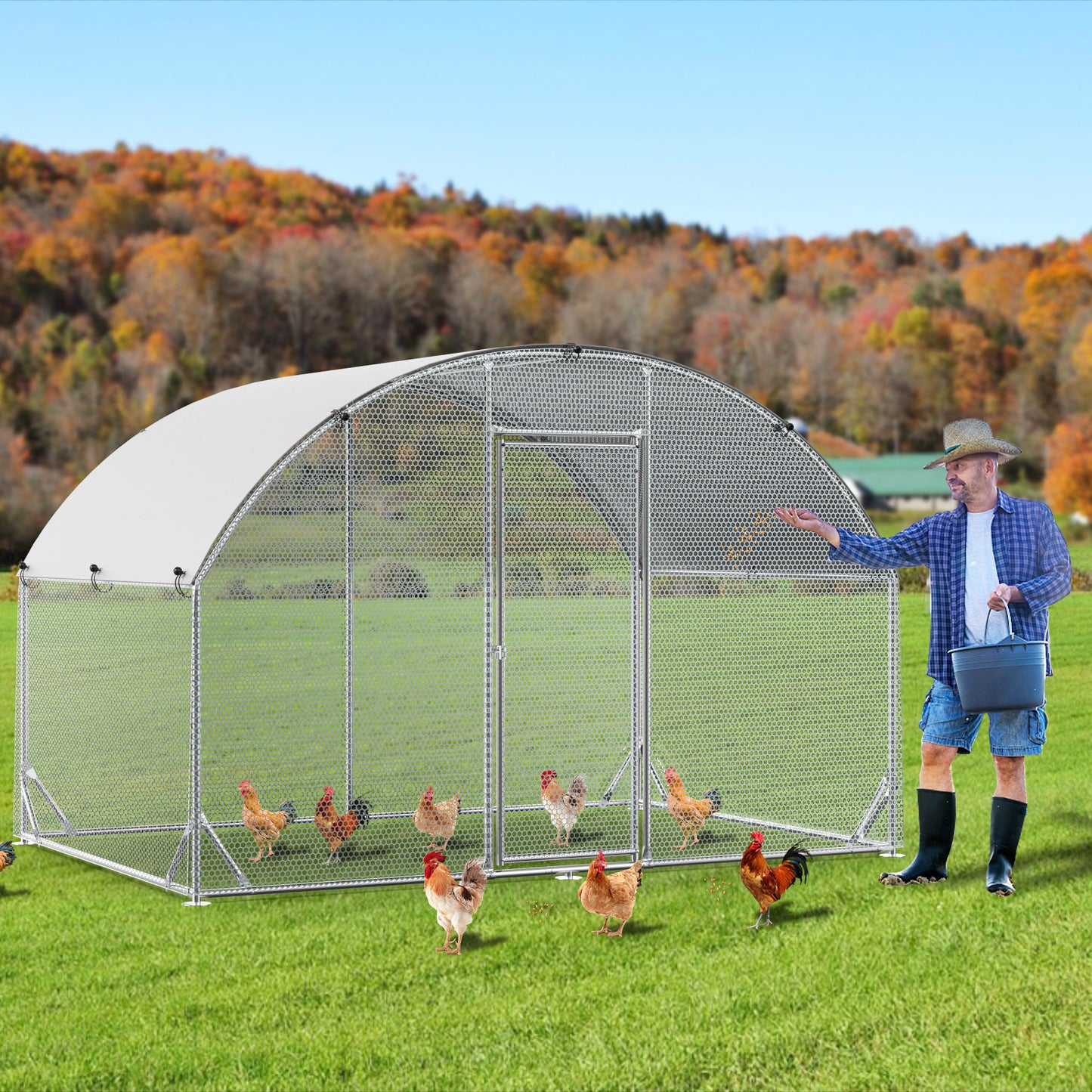 Large Metal Chicken Coop Upgrade Tri-Supporting Wire Mesh Chicken Run,Chicken Pen with Water-Resident & Anti-UV Cover,Duck Rabbit House Outdoor (10'W x 6.5'L x 6.5'H)