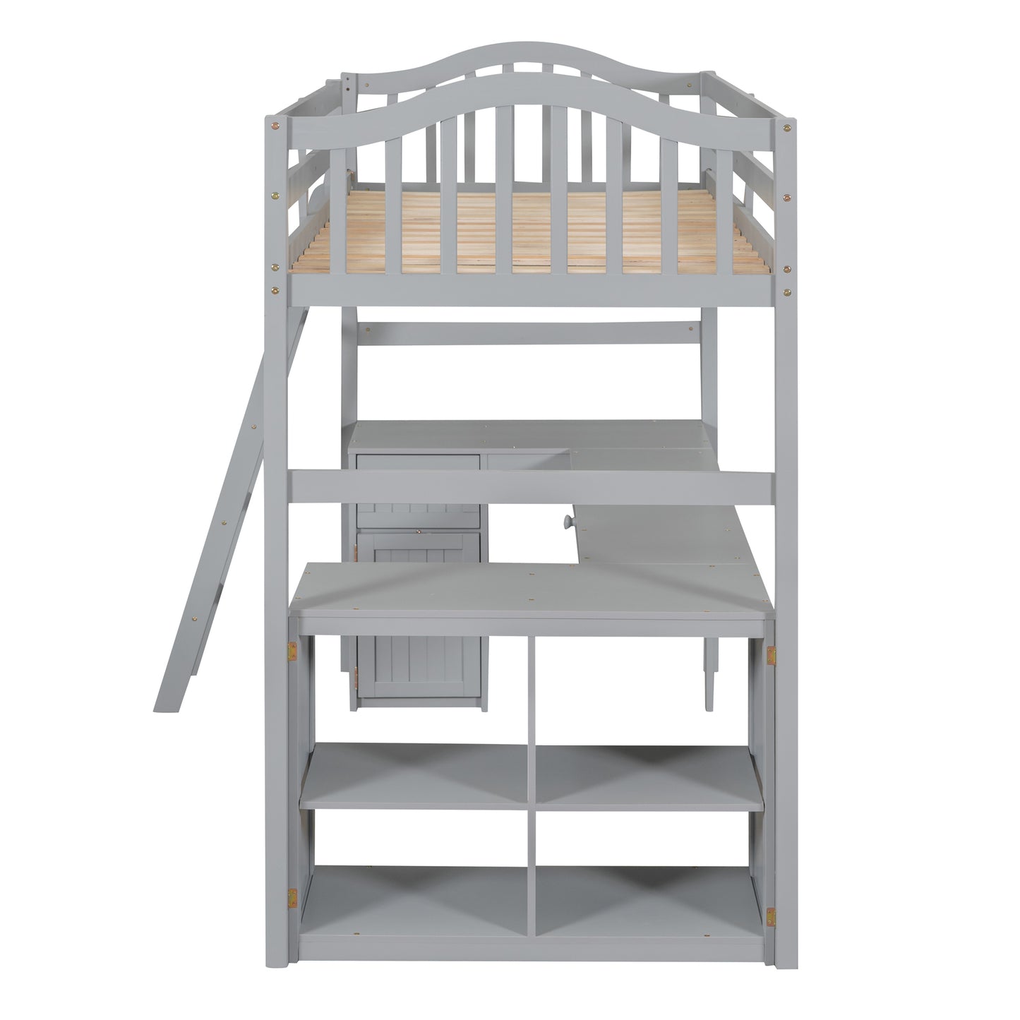 Twin size Loft Bed with Drawers, Cabinet, Shelves and Desk, Wooden Loft Bed with Desk - Gray( :LT000505AAE)