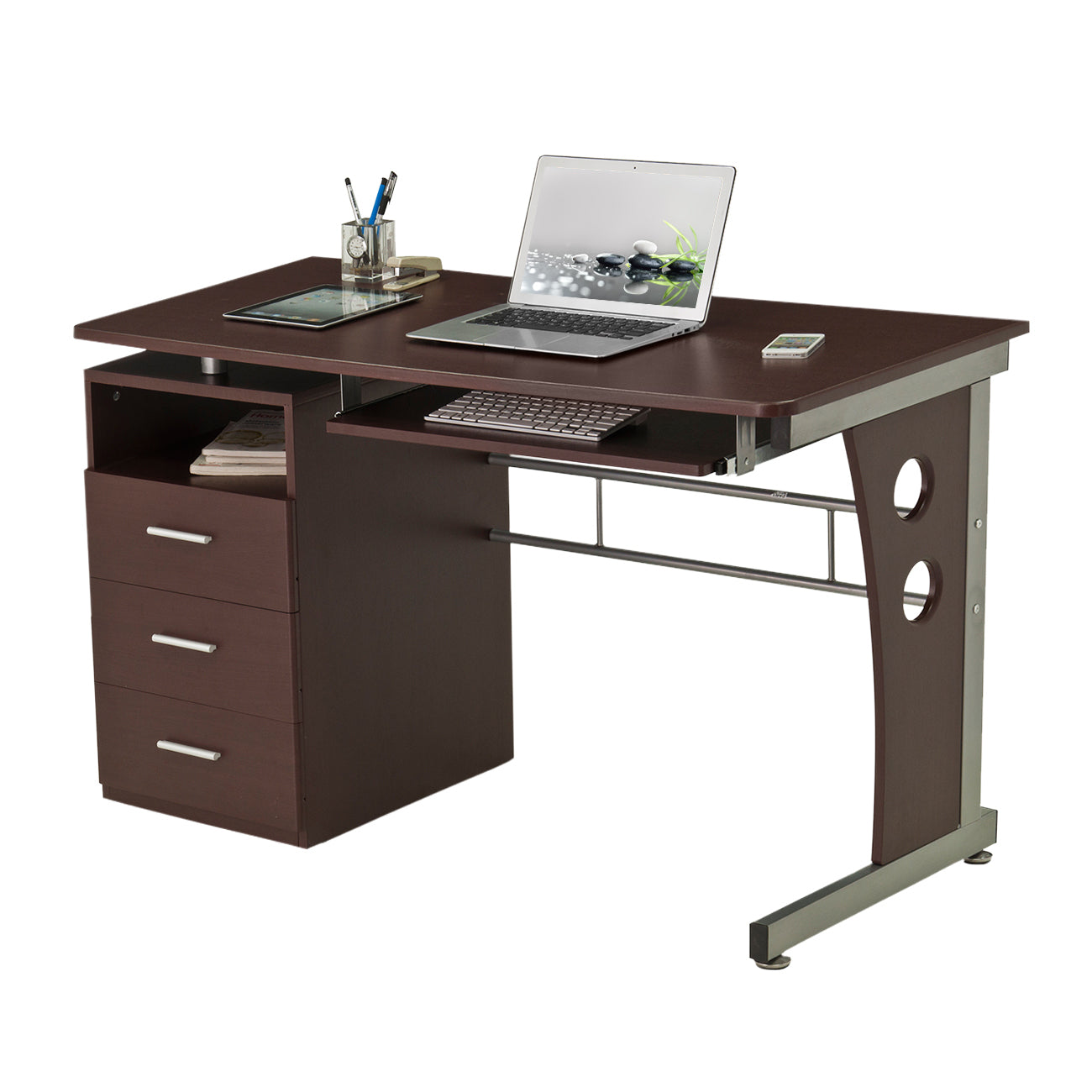 Stylish Chocolate Computer Desk with Spacious Storage