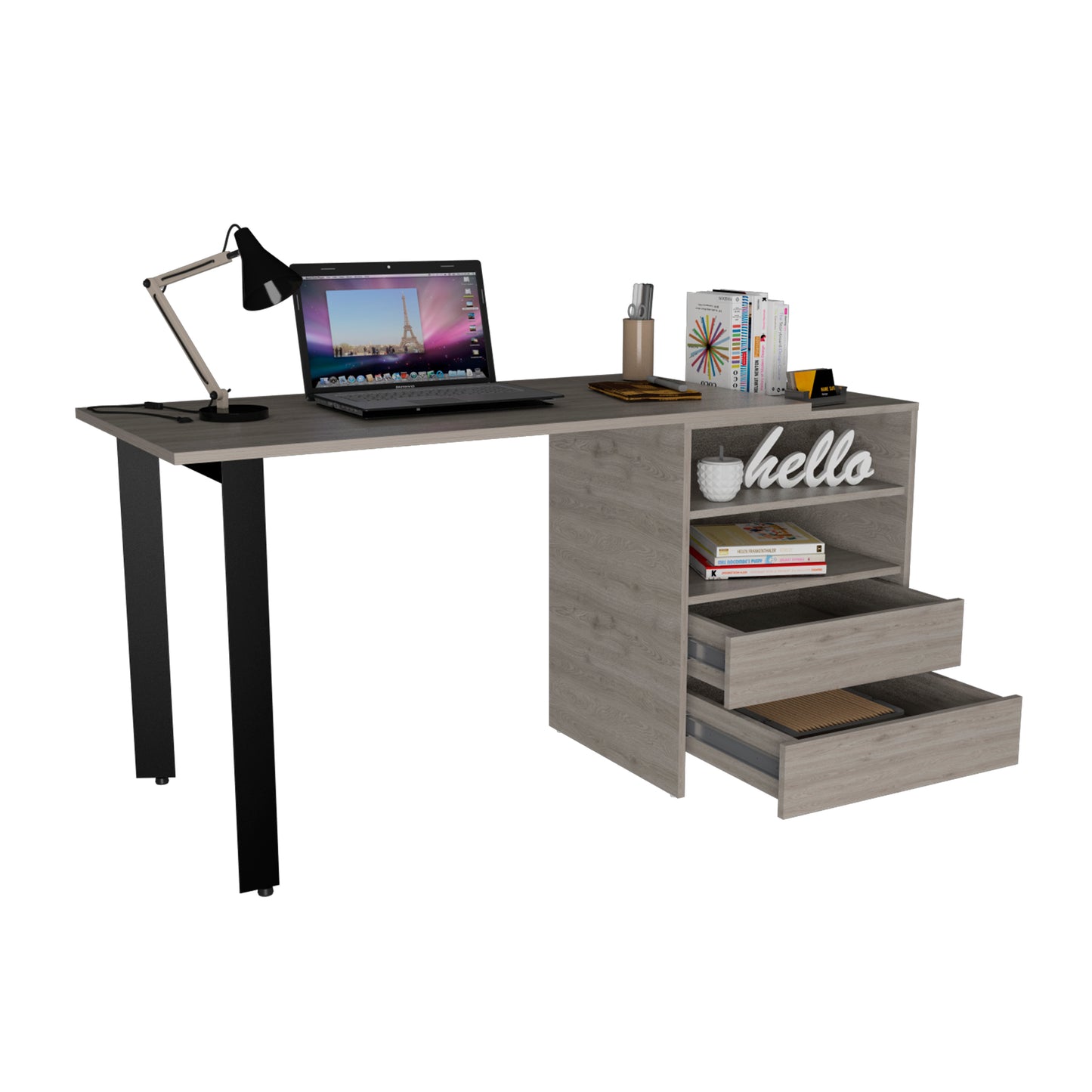 Cusco Light Gray Office Desk with Storage and Metal Legs