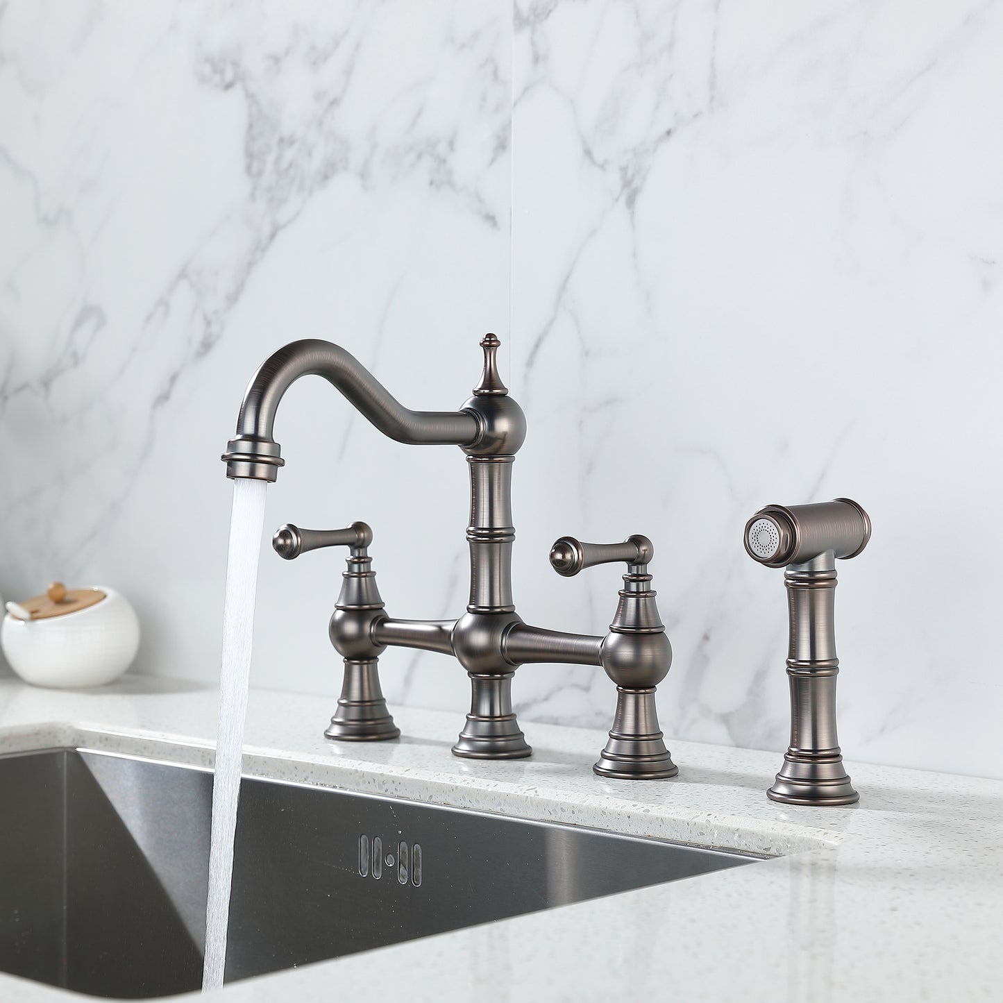 8 inch Centerset Bridge Kitchen Faucet with Brass Side Sprayer 2 Handles 4 Holes Antique Classic Heritage Deck-Mount Kitchen Sink Faucet