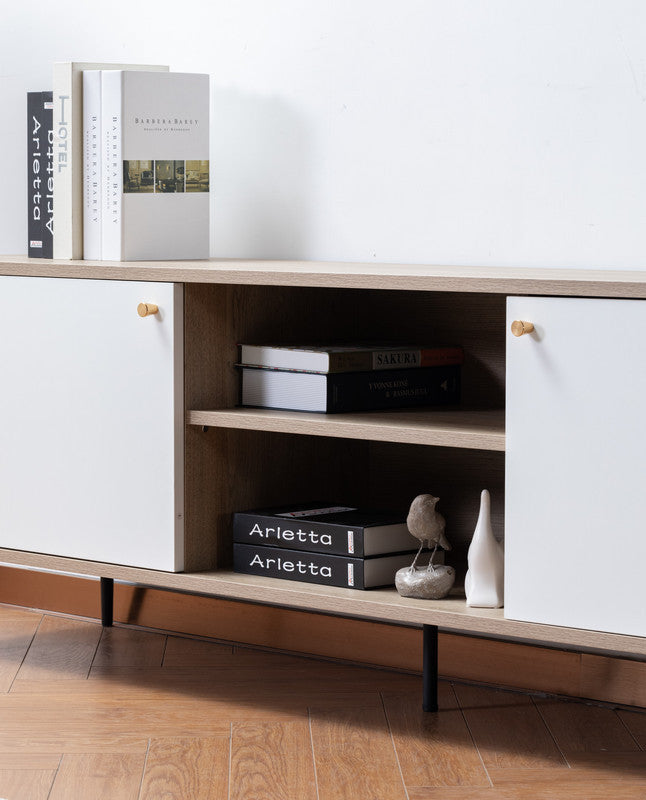 Aurora Light Brown Wood Finish TV Stand with 2 White Cabinets and Adjustable Shelves