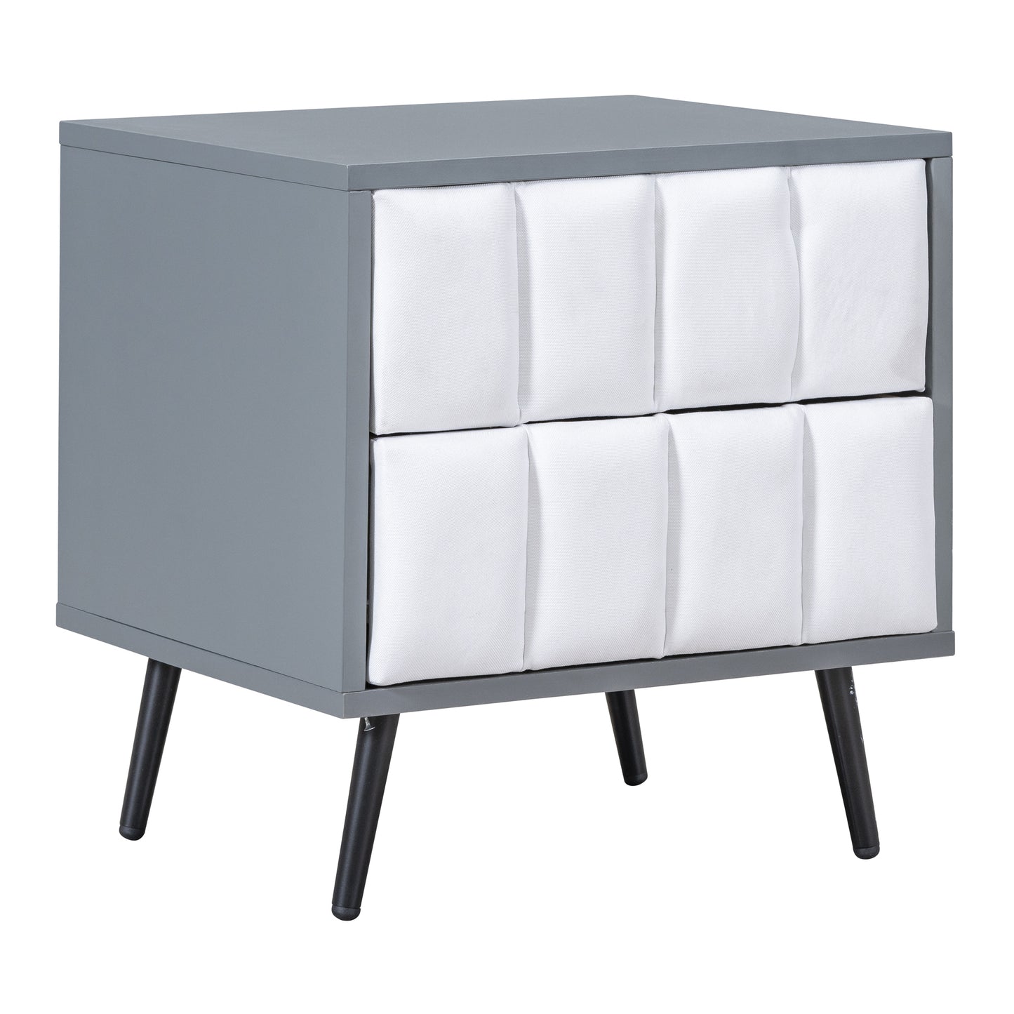 2-Drawer Nightstand for Bedroom, Mordern Wood+Linen Bedside Table with Classic Design,Gray+White