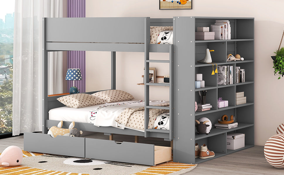 Gray Full over Full Bunk Bed with Storage Drawers and Cabinet for Kids