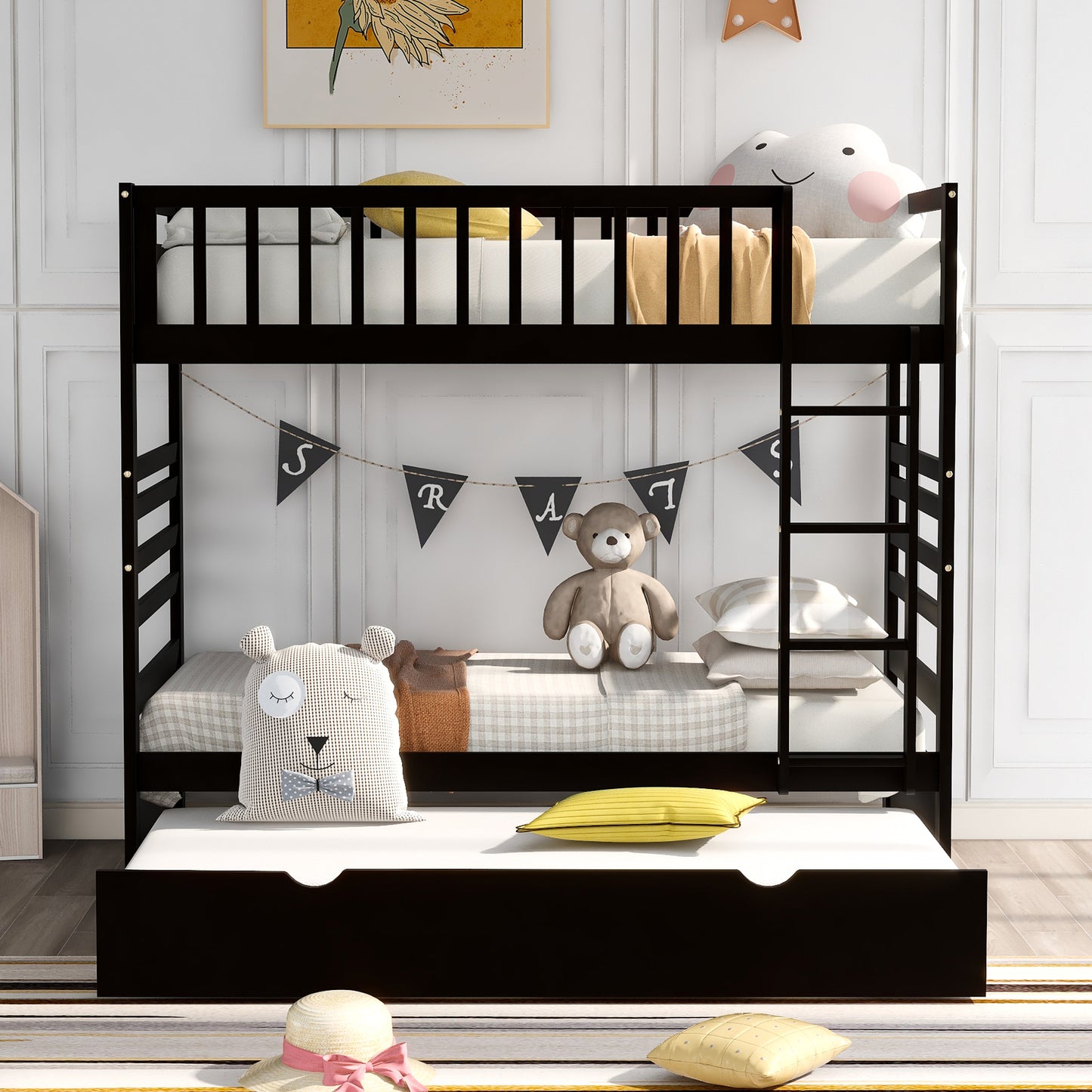 Children's Twin Bunk Beds with Trundle Bed and Safety Features