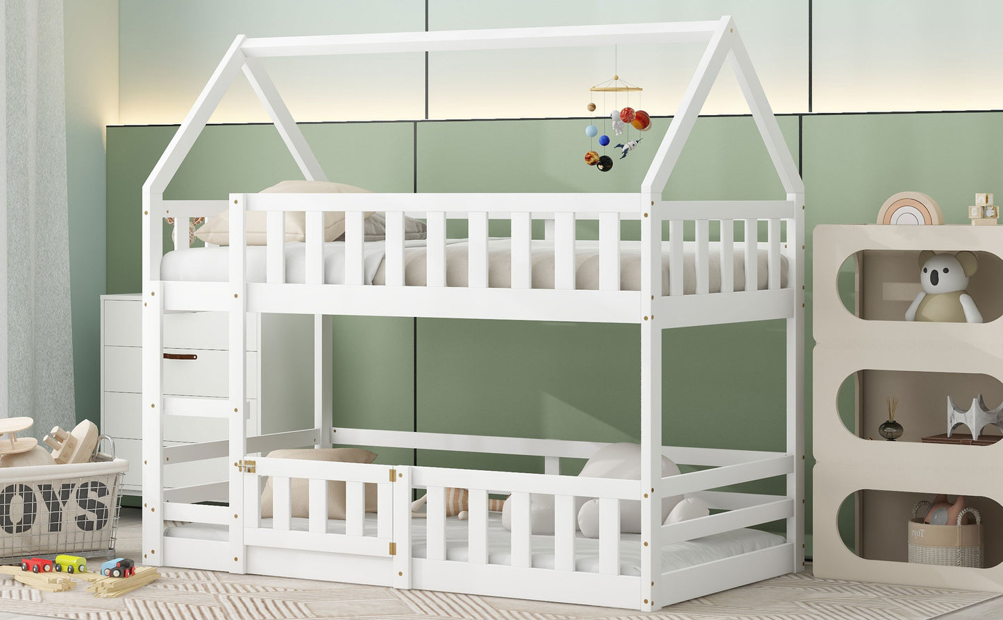 Enchanted White Twin over Twin House Bunk Bed with Playful Fence and Entryway