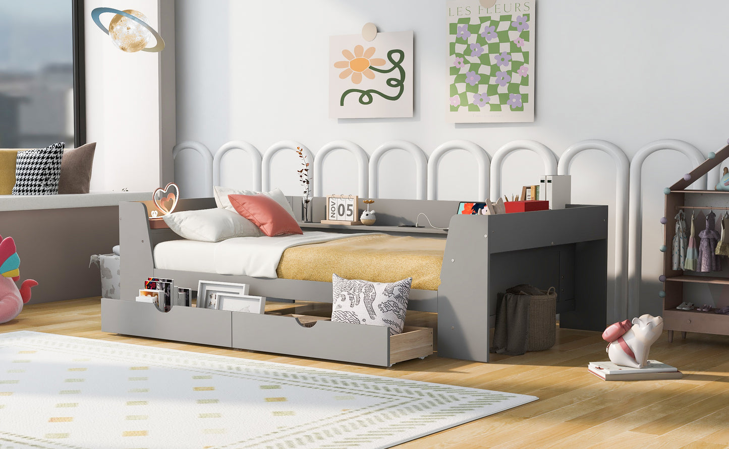 Twin Size Daybed with Shelves, Drawers and Built-In Charging Station, Gray