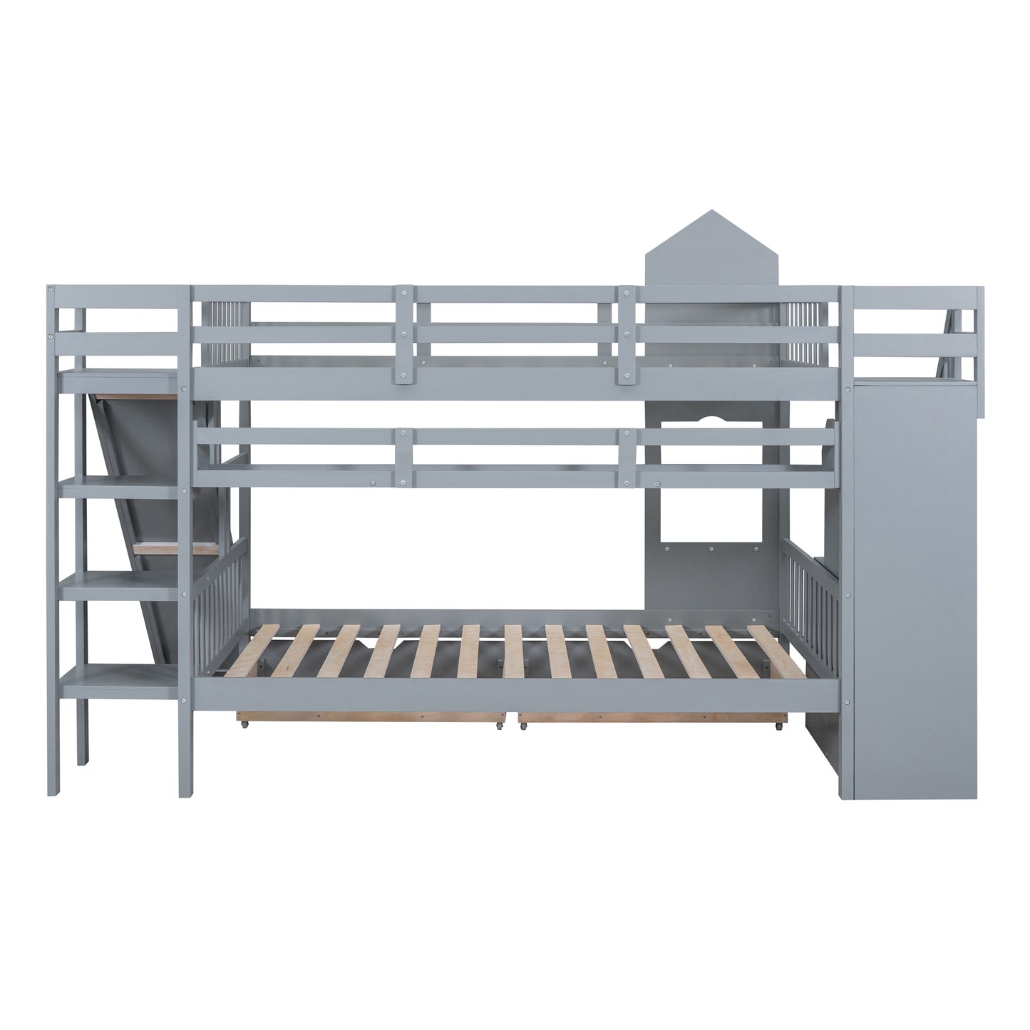 Castle Loft Bunk Bed with Slide, Drawers, and Shelves - Gray: Magical Castle Style Loft Bed with Slide, Drawers, and Shelves