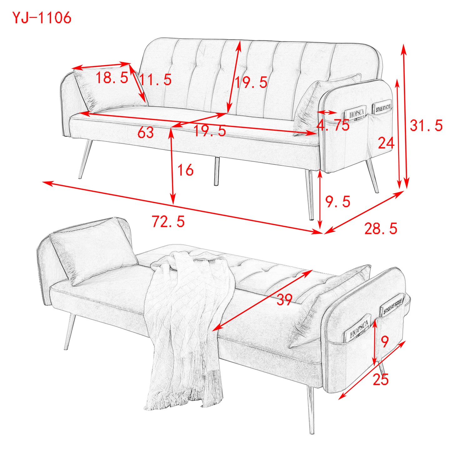 72.5 Convertible Velvet Sofa Bed with Adjustable Recliner and Center Leg