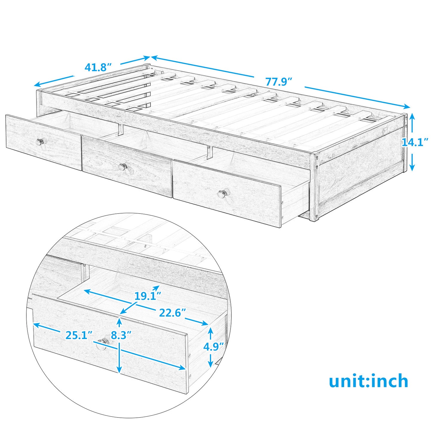 Twin Size Platform Storage Bed with 3 Drawers