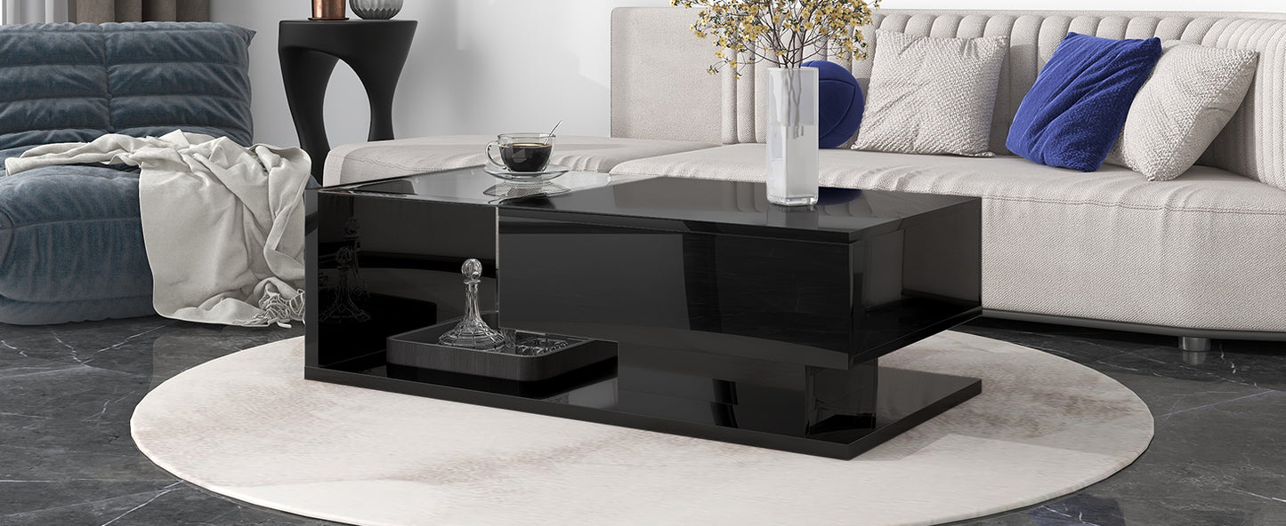 Elegant Black Modernist Coffee Table with Glass Top and Storage Shelf