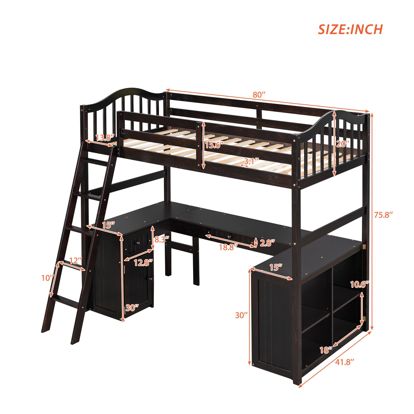 Twin size Loft Bed with Drawers, Cabinet, Shelves and Desk, Wooden Loft Bed with Desk - Espresso( :LT000505AAP)