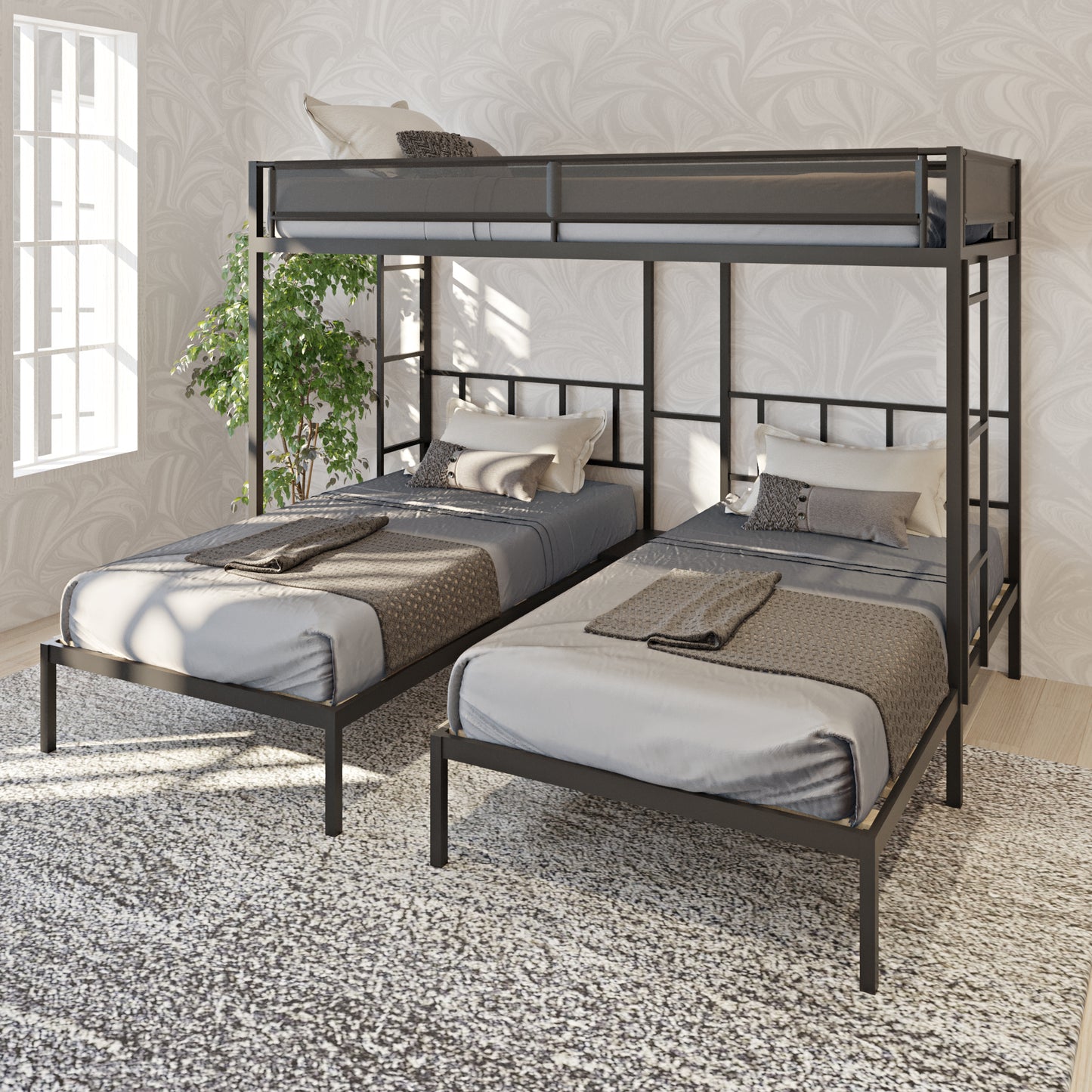 Metal Triple Twin Bunk Bed with Silent Wood Slats and Textilene Guardrails