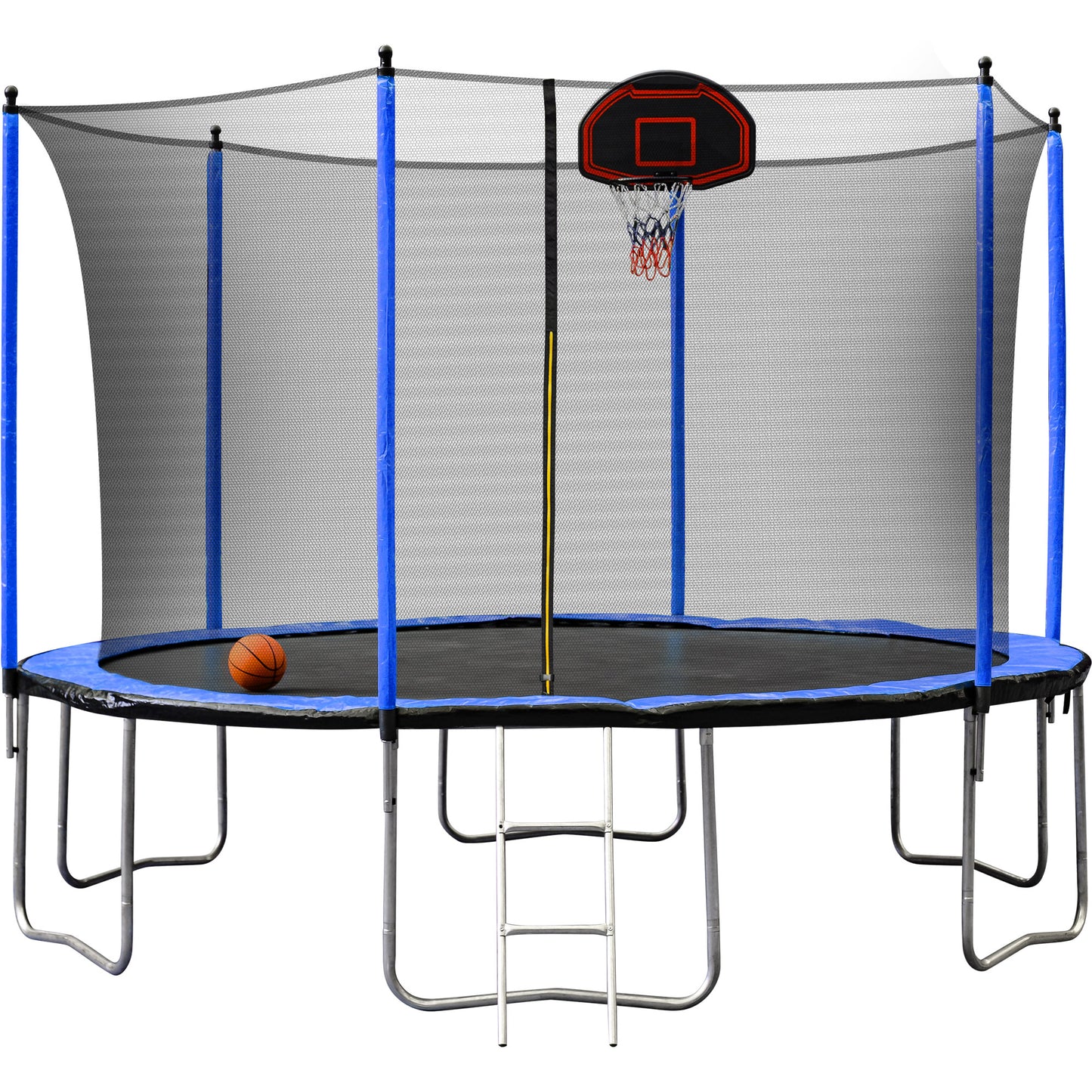 YC 14FT  Trampoline with Basketball Hoop Inflator and Ladder(Inner Safety Enclosure) Blue A+B