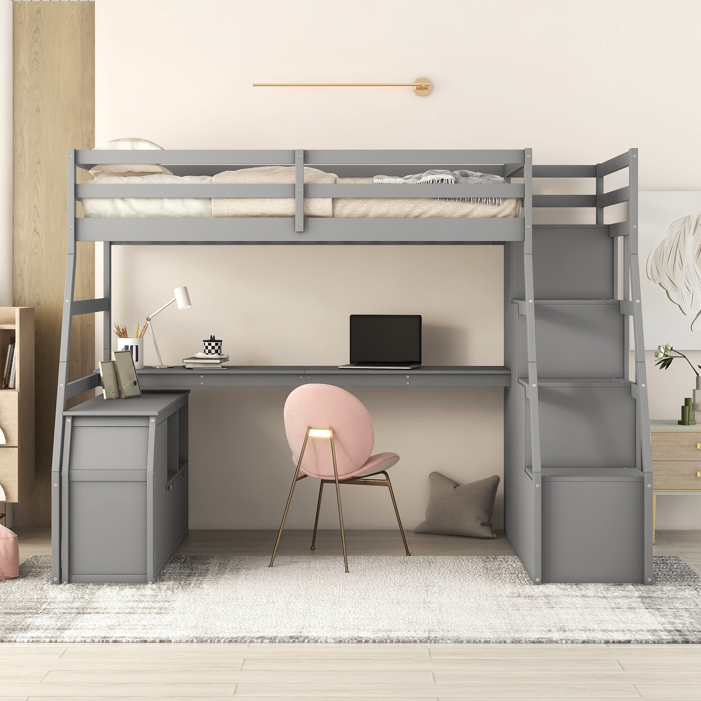 Twin Size Loft Bed with 7 Drawers 2 Shelves and Desk - Gray