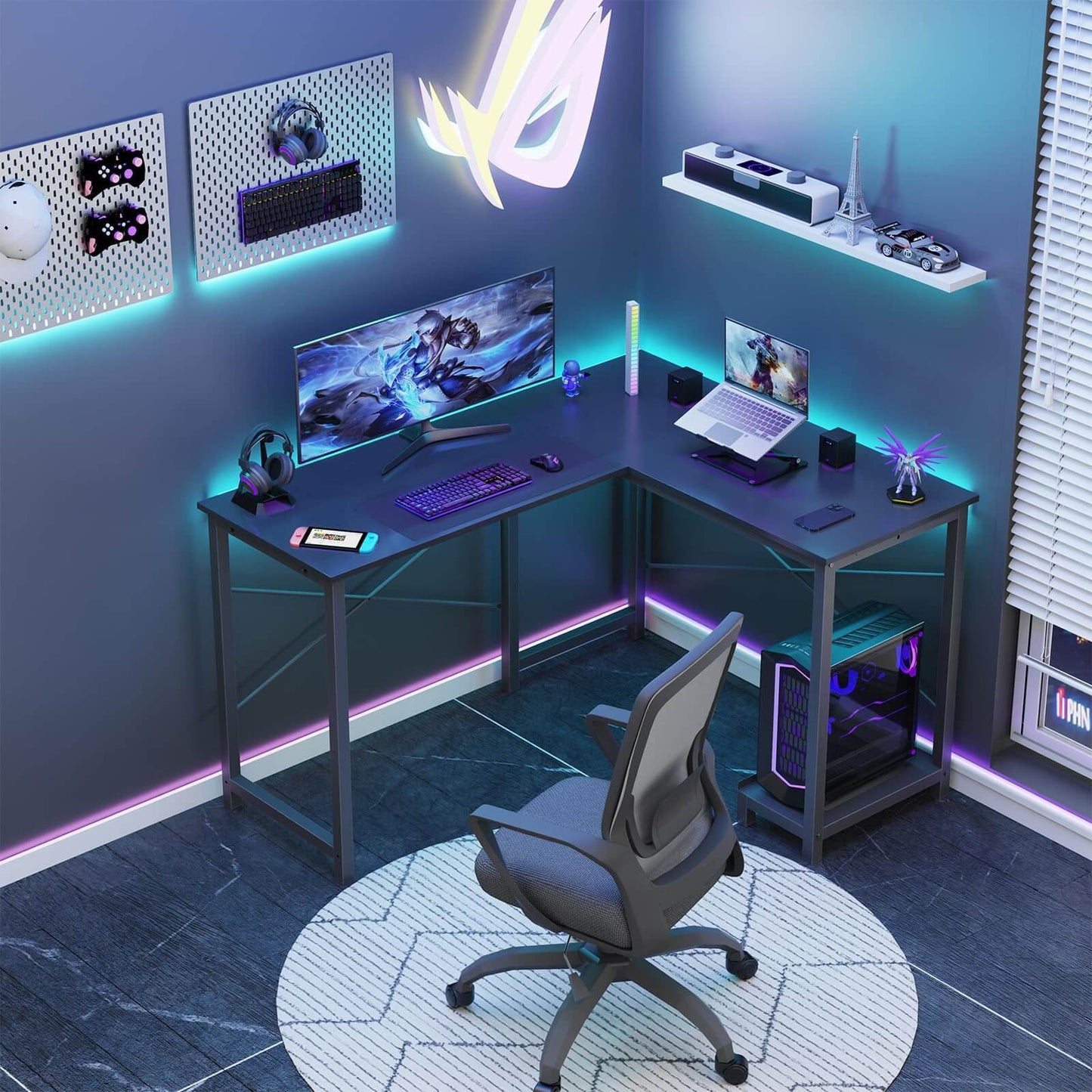 Black L-Shaped Modular Gaming Desk with Integrated Storage Options