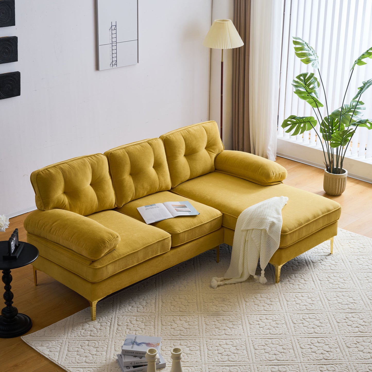 Modern Yellow Velvet L-Shaped Sectional Sofa for Living Room or Bedroom