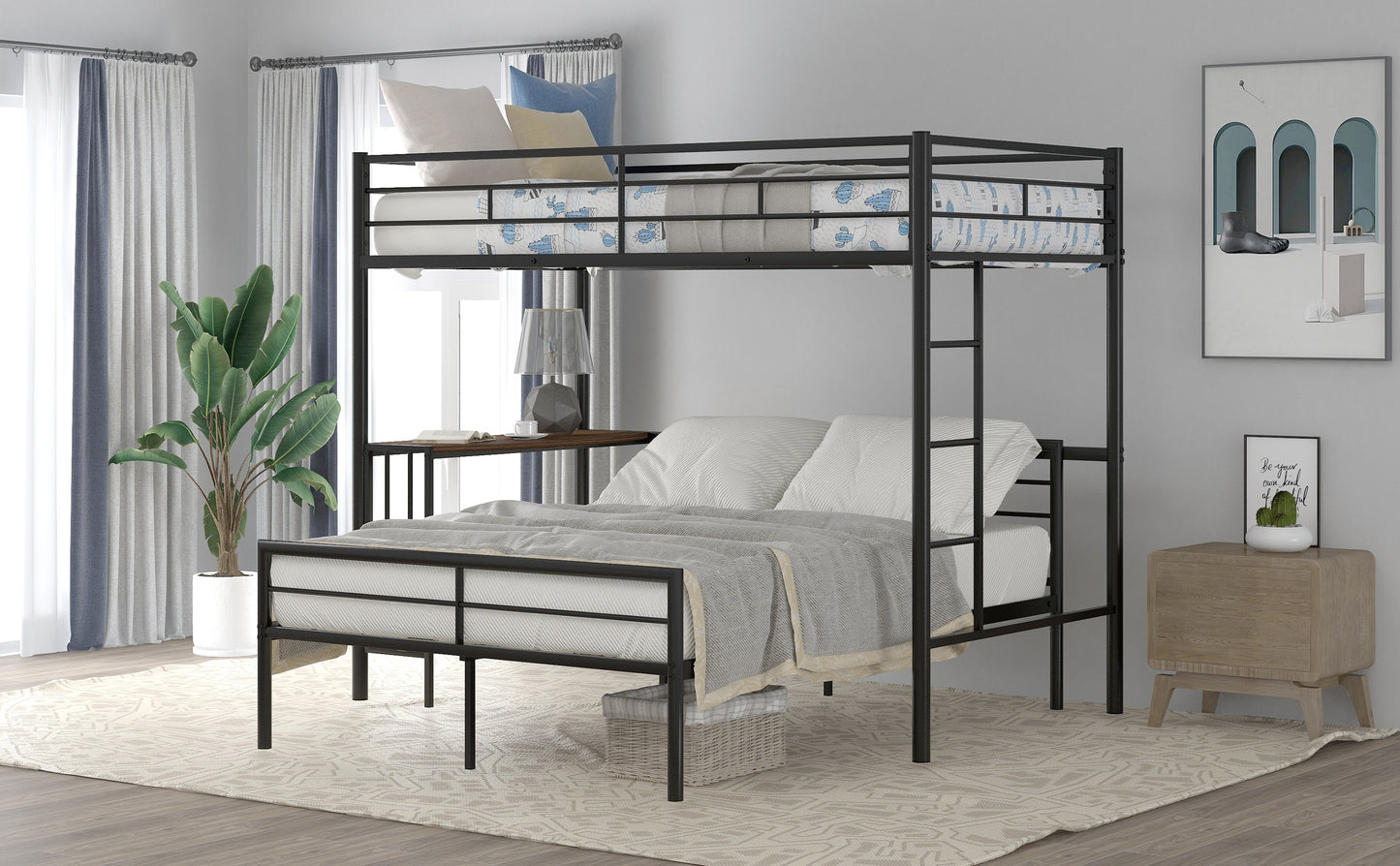 Metallic Black Bunk Bed with Desk and Full Over Twin Configuration