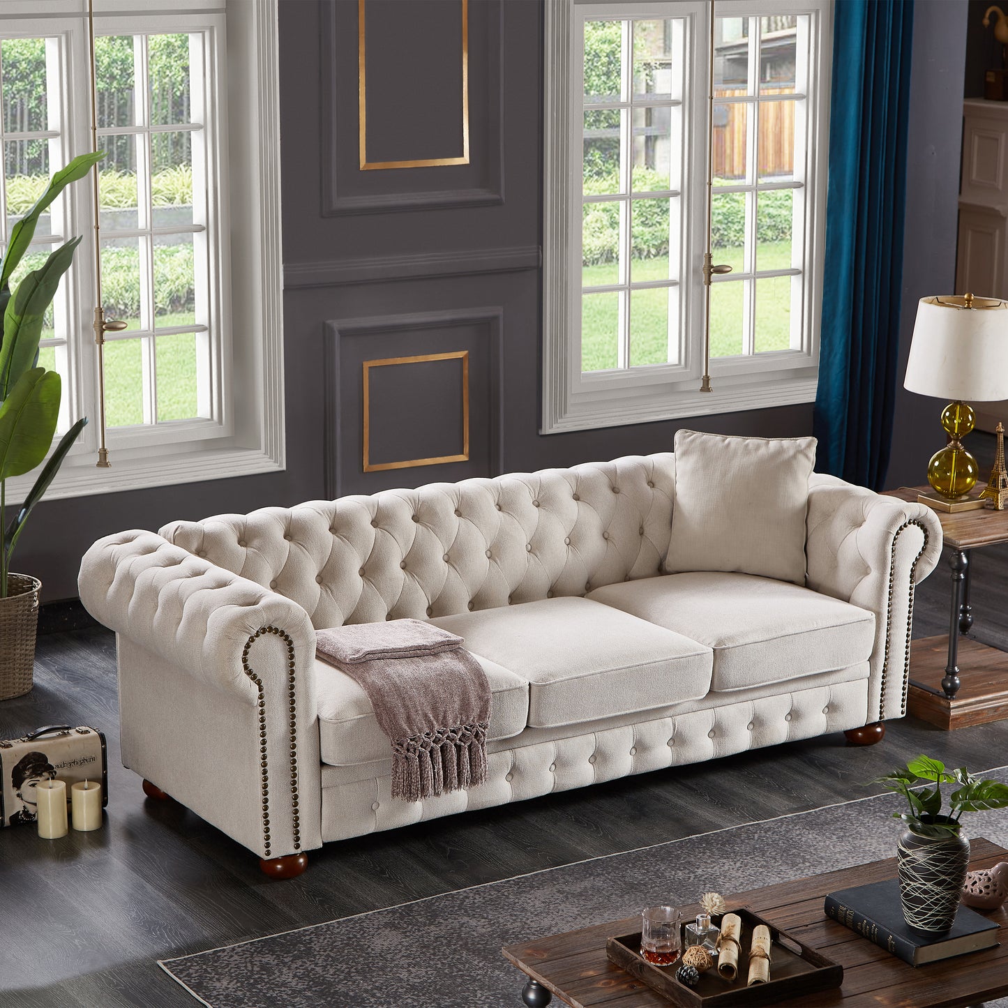 Chesterfield sofa beige linen fabric (Beige)