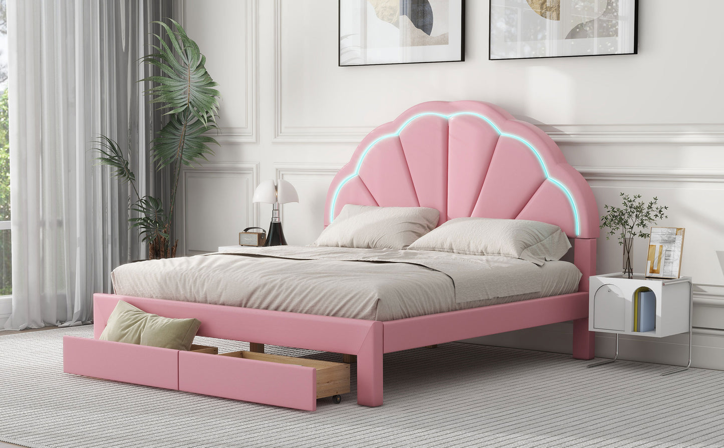 Queen Size Upholstered Platform Bed with Seashell Shaped Headboard, LED and 2 Drawers, Pink