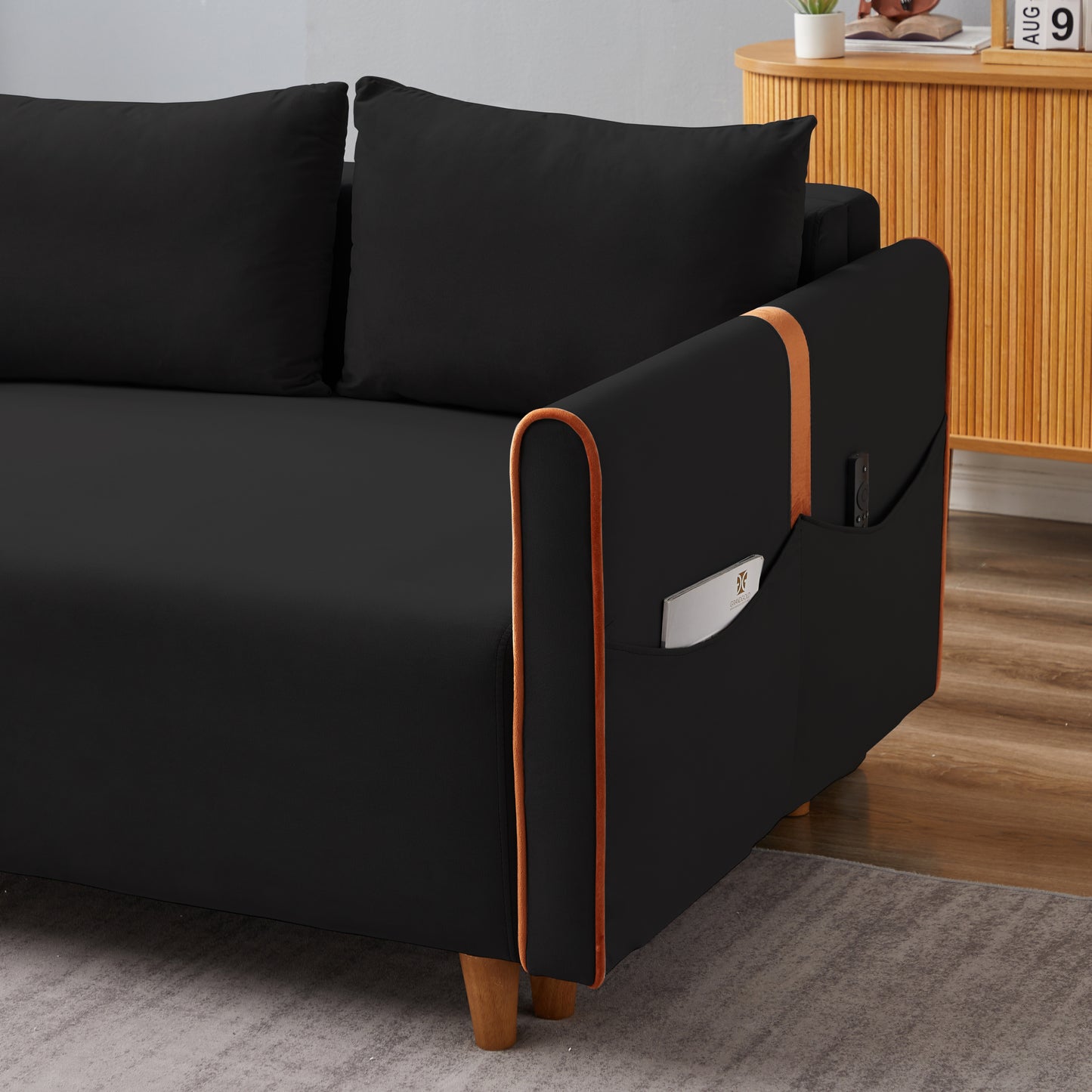 Convertible Comfortable Sleeper Velvet Sofa Couch with Storage for for Living Room Bedroom  Sofabed  Black