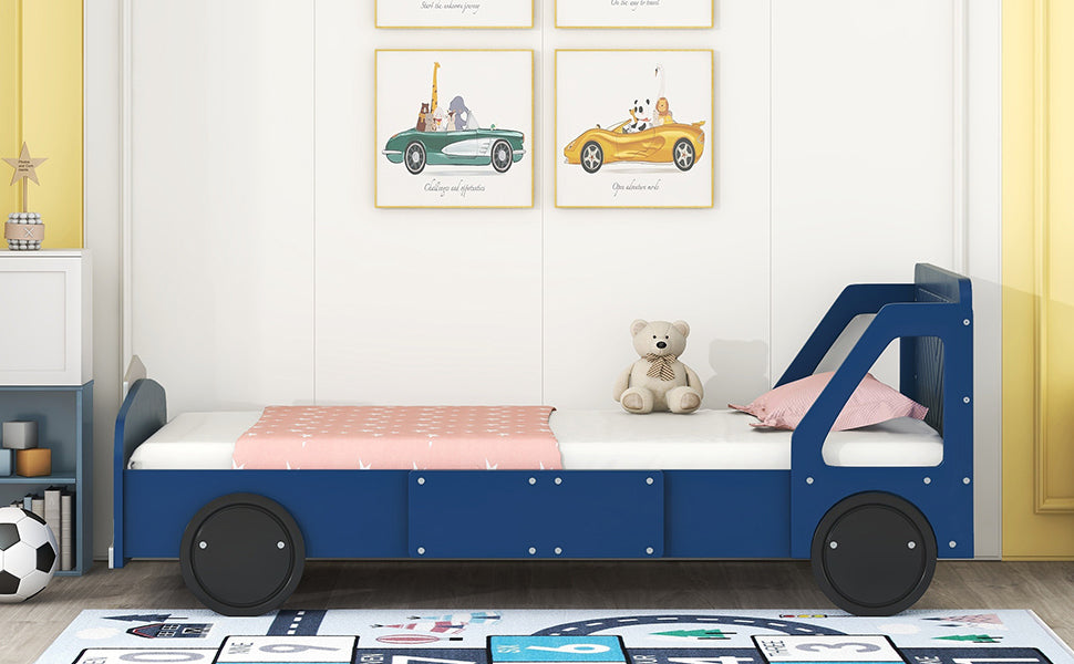 Twin Size Car-Shaped Platform Bed with Wheels,Blue