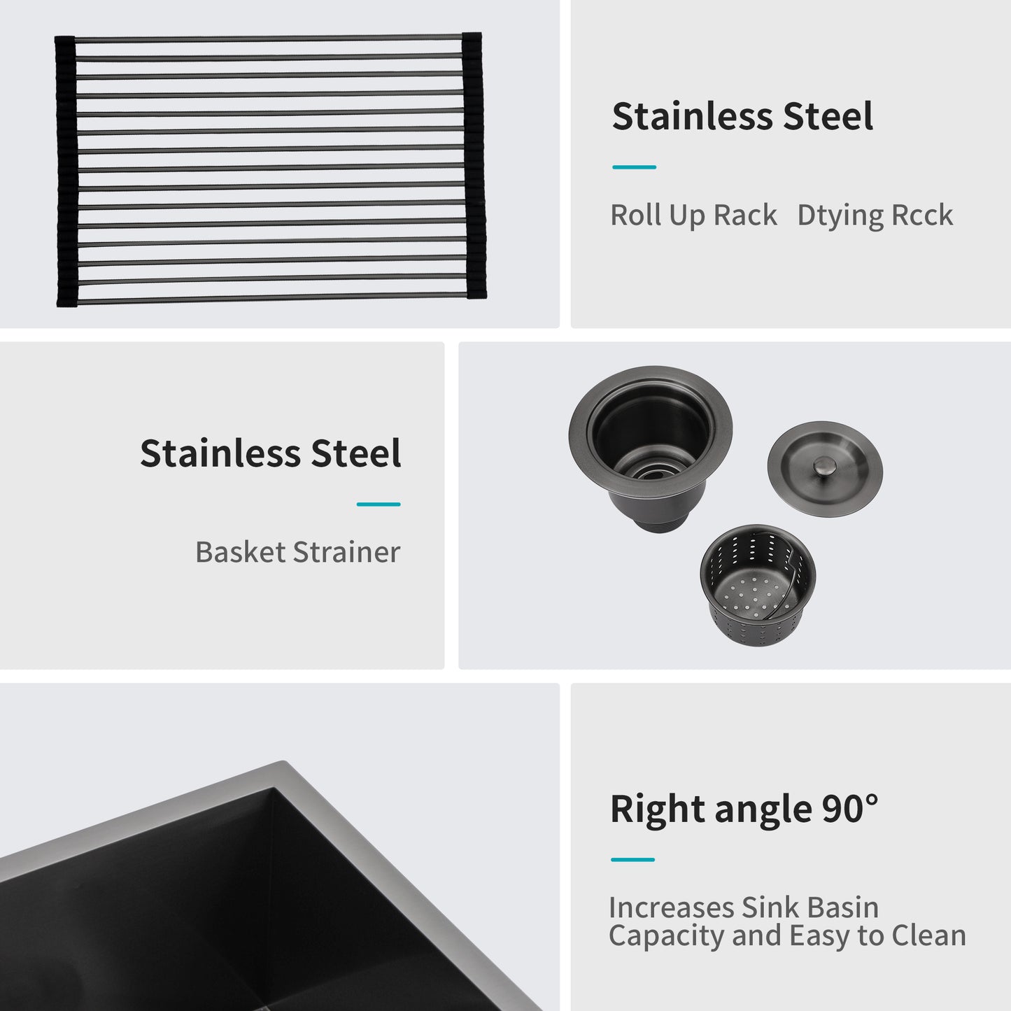 Gunmetal Black Undermount Kitchen Sink - 15 Stainless Steel Basin