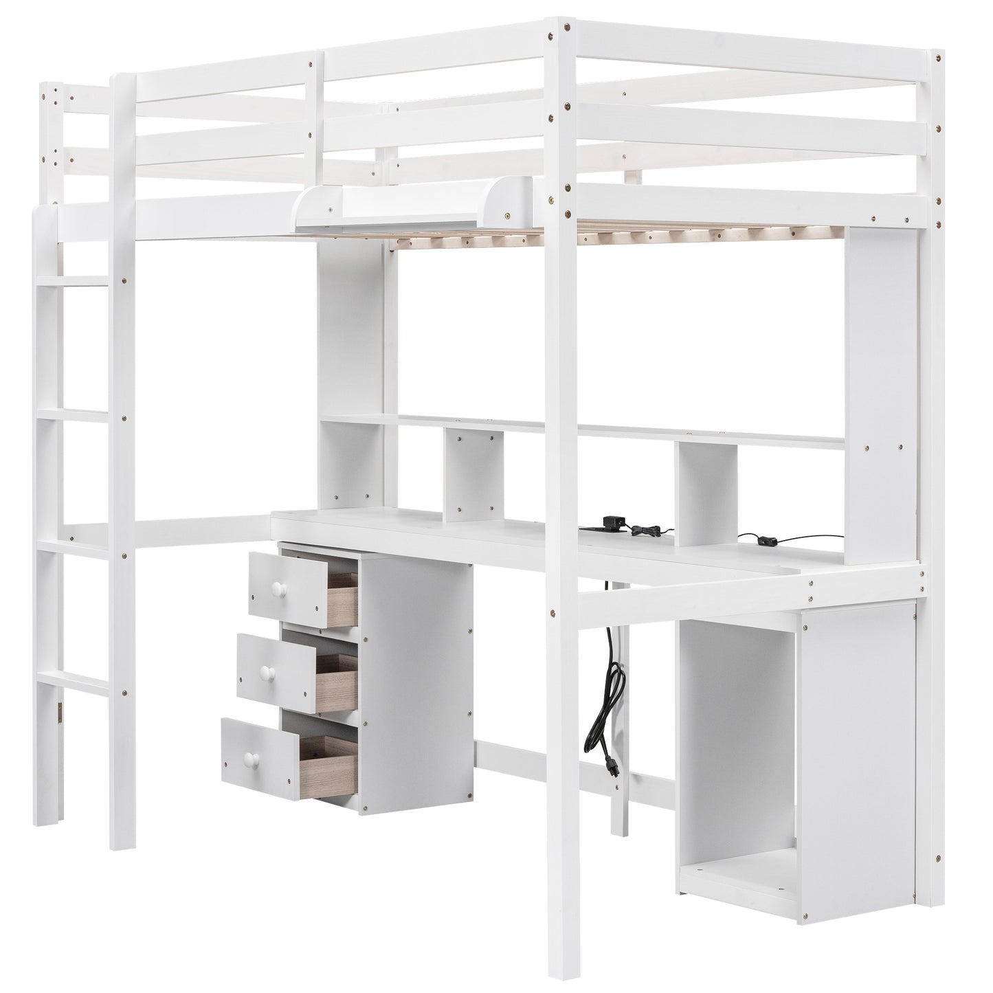 Twin Size Loft Bed with Multi-storage Desk, LED light and Bedside Tray, Charging Station, White