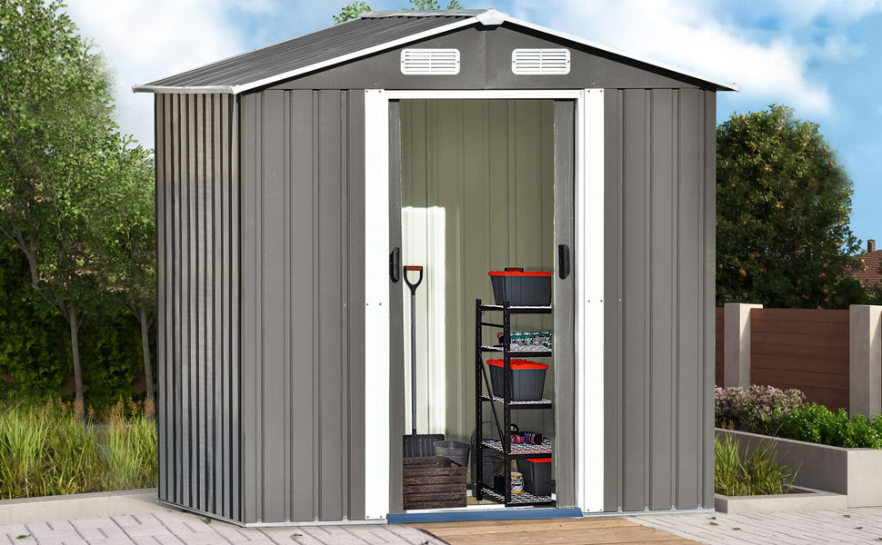 Patio 6ft x4ft Bike Shed Garden Shed, Metal Storage Shed with Lockable Door, Tool Cabinet with Vents and Foundation for Backyard, Lawn, Garden, Gray