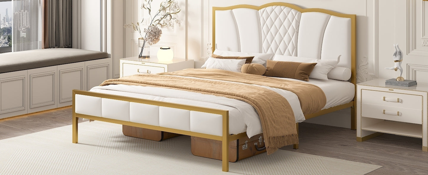 Queen Size Bed Frame, Modern Upholstered Bed Frame with Tufted Headboard, Golden Metal Platform Bed Frame with Wood Slat Support, Noise Free, No Box Spring Needed,Beige