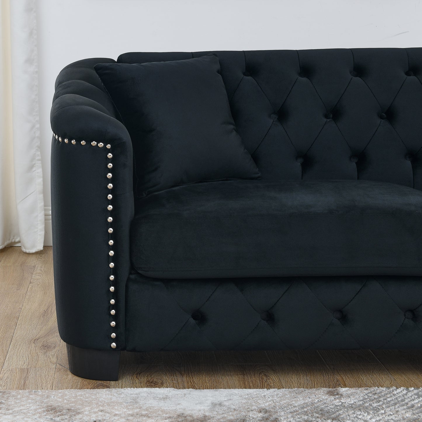 3-Piece Velvet Black Sofa Set with Two Pillows