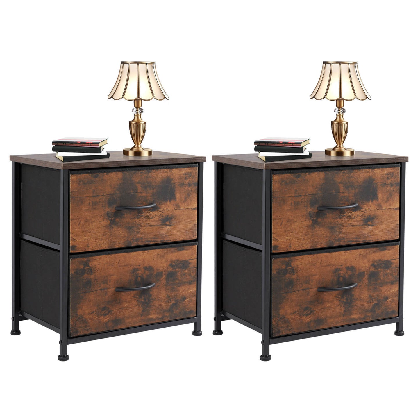 Brown Wood Top Dresser with Metal Frame and Fabric Drawers