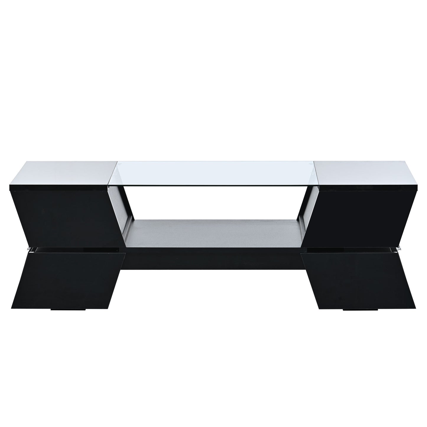 Modernist 2-Tier Glass Coffee Table with Storage Shelves and Cabinets, Contemporary Black Center Table for Living Room