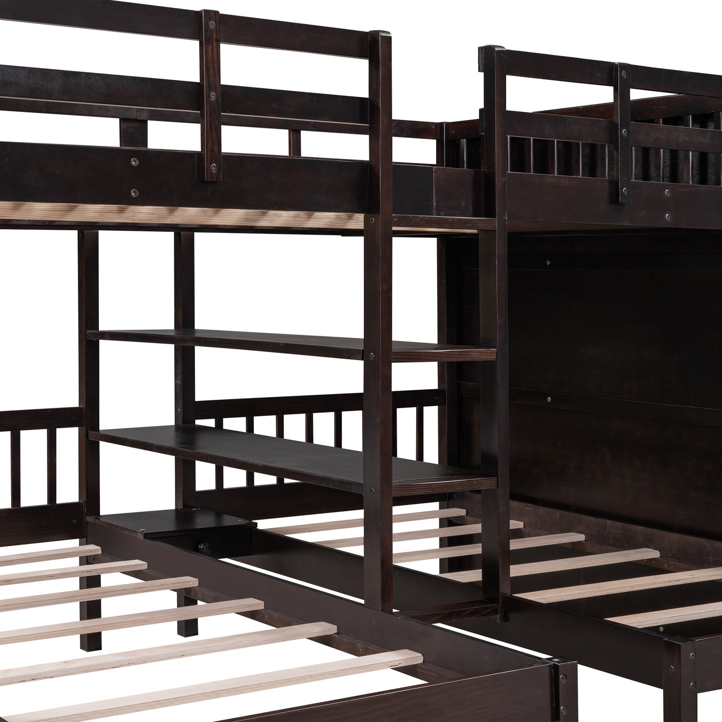 Efficient Espresso Bunk Bed with Twin Over Full, Wardrobe, Mirror, and Shelves